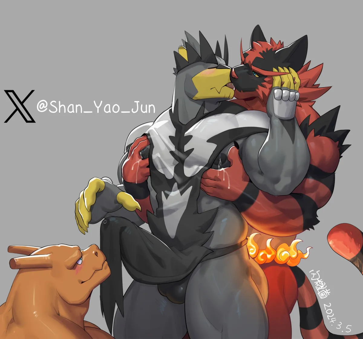 Charizard, Incineroar by Shan Yao Jun