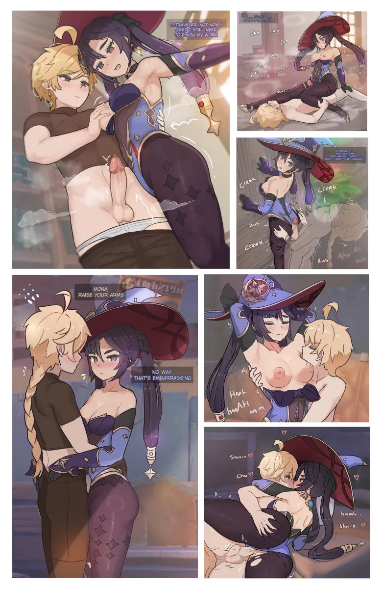 Aether (Genshin Impact), Mona (Genshin Impact) by Valenthania